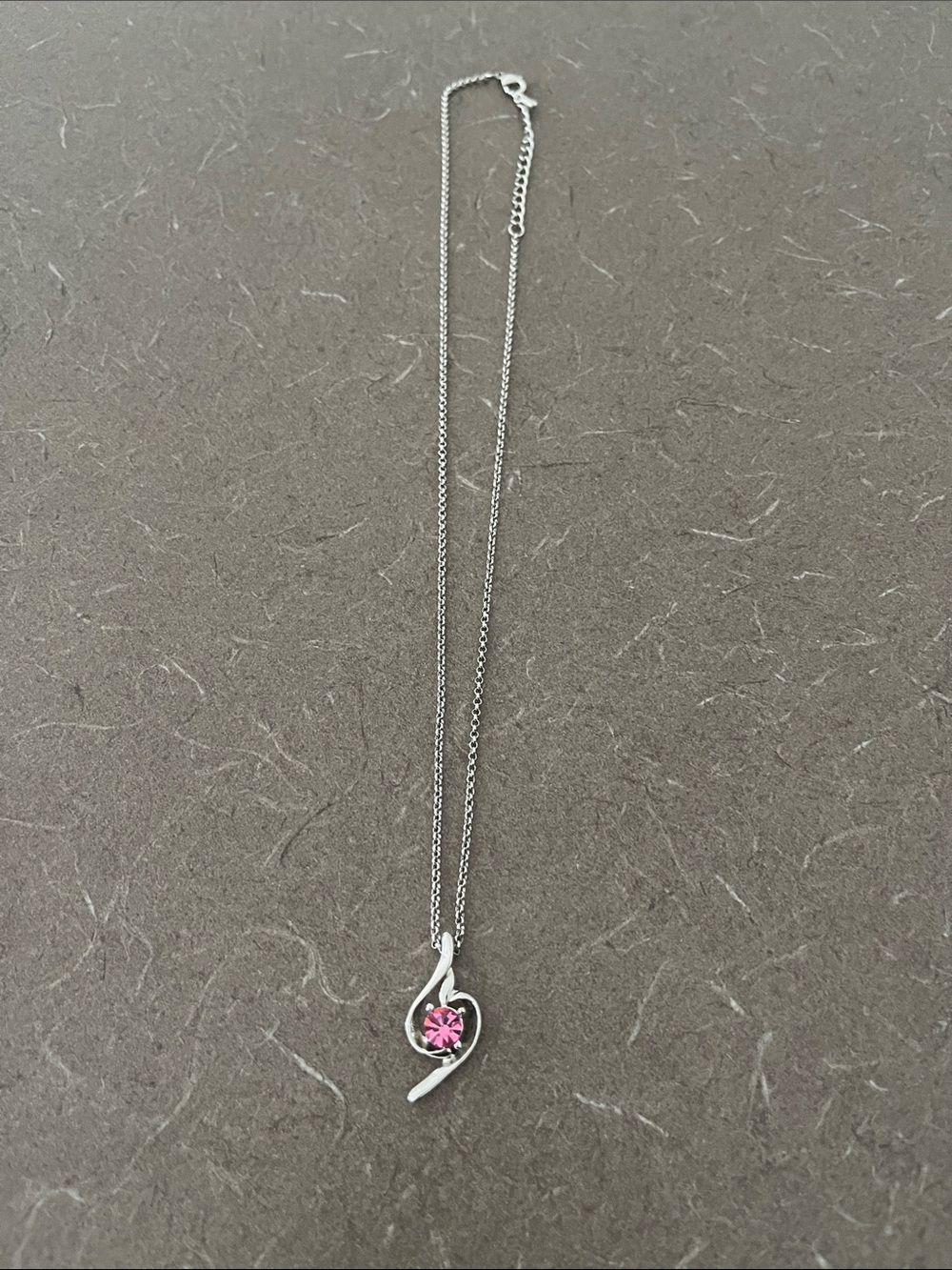 Silver Tone Pendant Necklace with Pink Crystal-12-14”